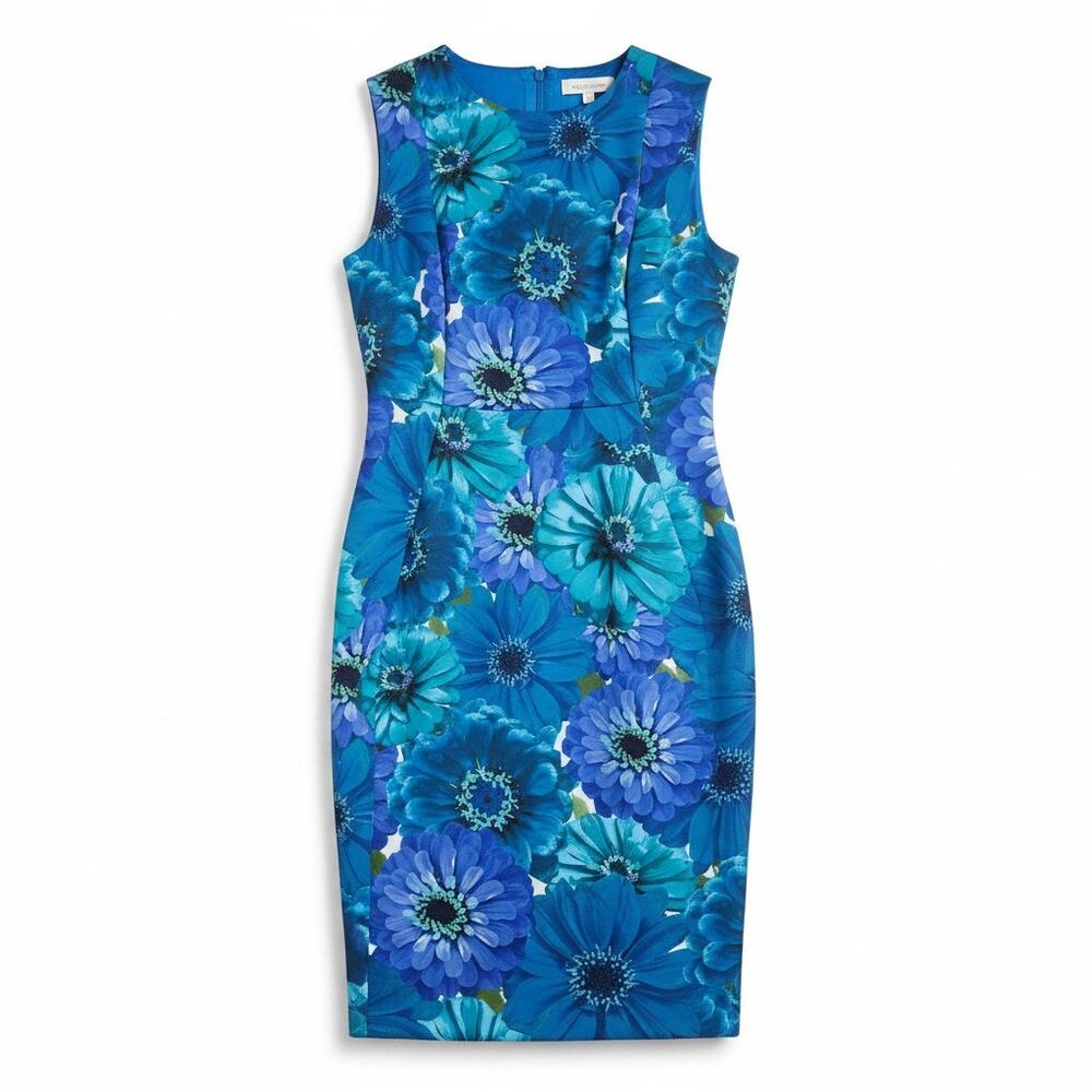NEW Calvin Klein 2 Blue Floral Sheath Dress Scuba Career Preppy Professional - Picture 2 of 6